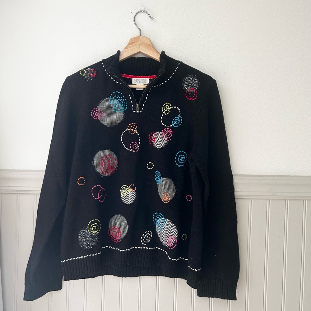 Vintage Christopher & Banks Medium Black Sweater Embroidered Colorful Circles